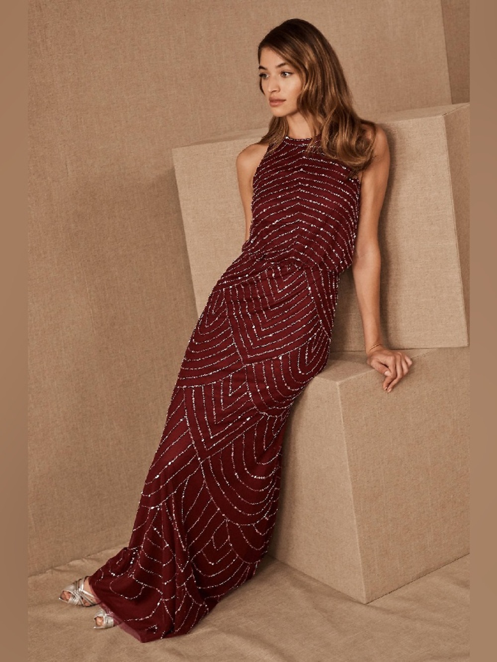 Adrianna Papell Burgundy Beaded Halter Maxi Dress Sz. 12